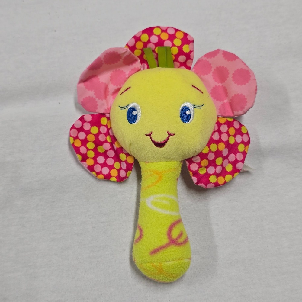 Bright Starts Pink Yellow Flower Plush Baby Rattle Crinkle Soft Toy VTG Y2K